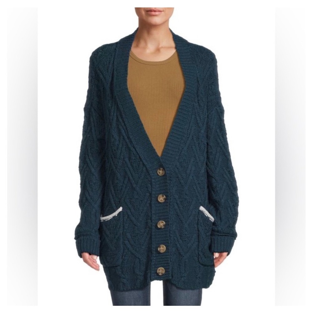 FREE PEOPLE Montana Cable Knit Cardigan Sweater XS Teal Blue Bohemian Casual